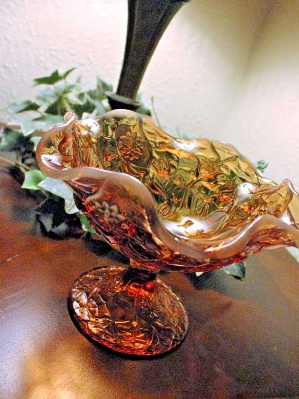 Vintage Fenton Opalescent Honey Amber Footed Compote Water Lily Pattern c.1970